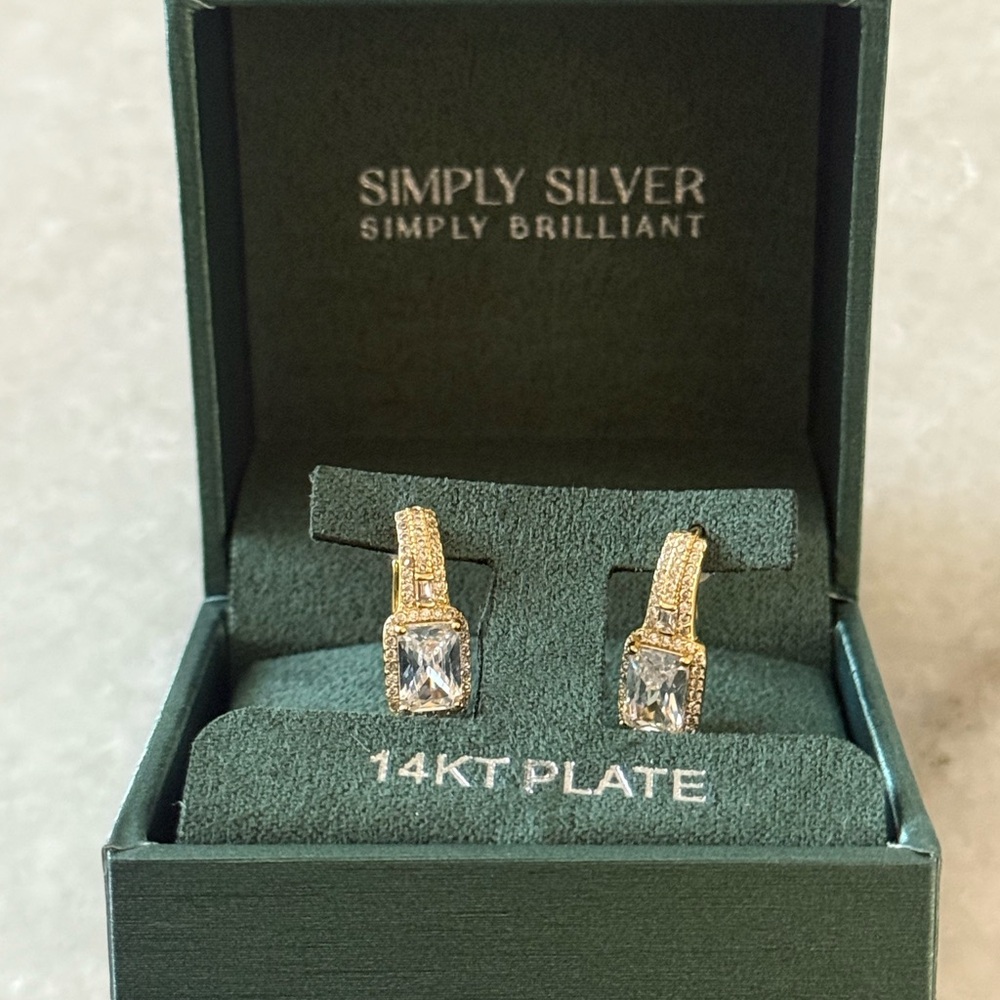 Silver Earrings 14KT Plate gold tone white stones
